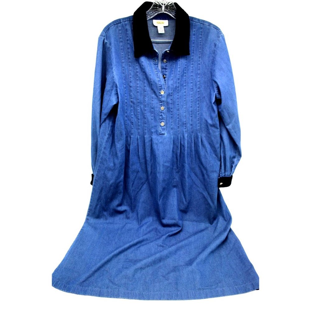 Talbots Denim Dress Vintage Long Sleeve Western Velour Collar Cuffs Size 12